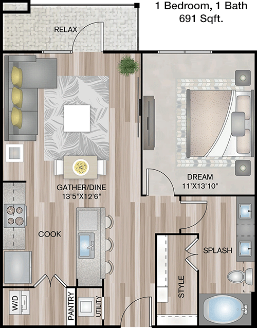 691 sq ft floorplan layout