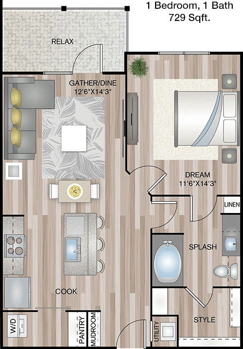 729 sq ft floorplan layout