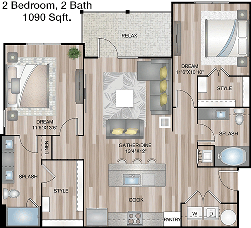 1,090 sq ft floorplan layout
