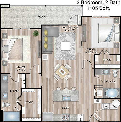 1,105 sq ft floorplan layout