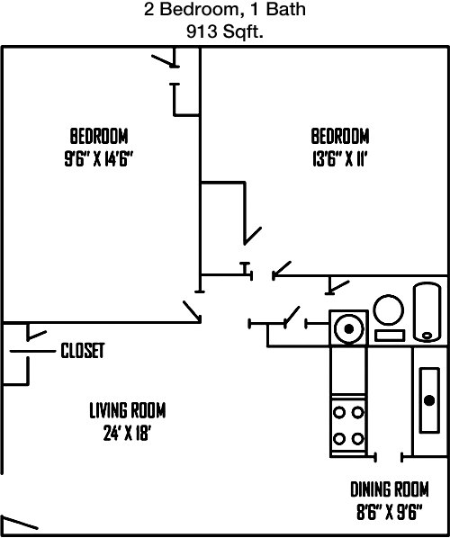 913 sq ft floorplan layout
