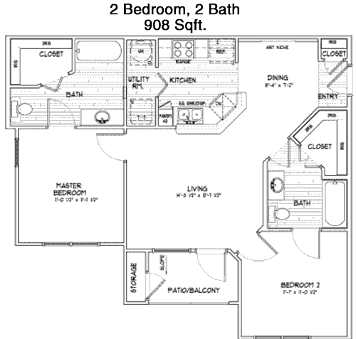 908 sq ft floorplan layout