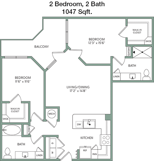 1,047 sq ft floorplan layout
