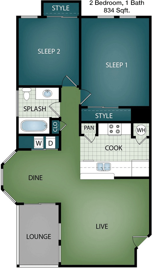 834 sq ft floorplan layout