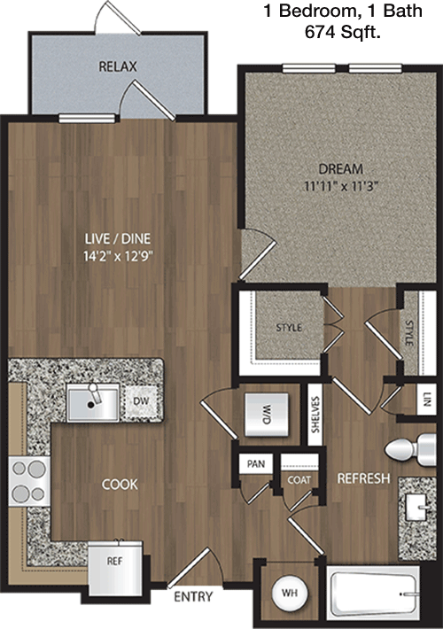 674 sq ft floorplan layout