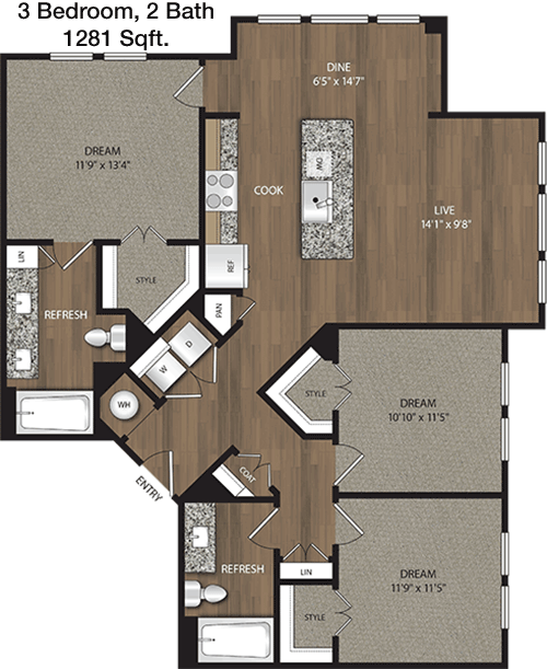 1,281 sq ft floorplan layout