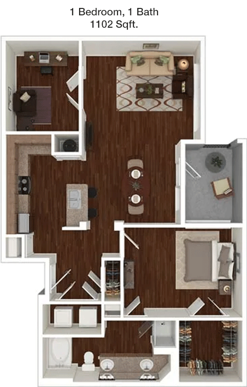 1,102 sq ft floorplan layout