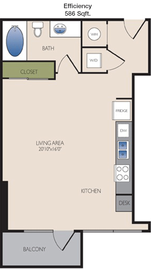 586 sq ft floorplan layout