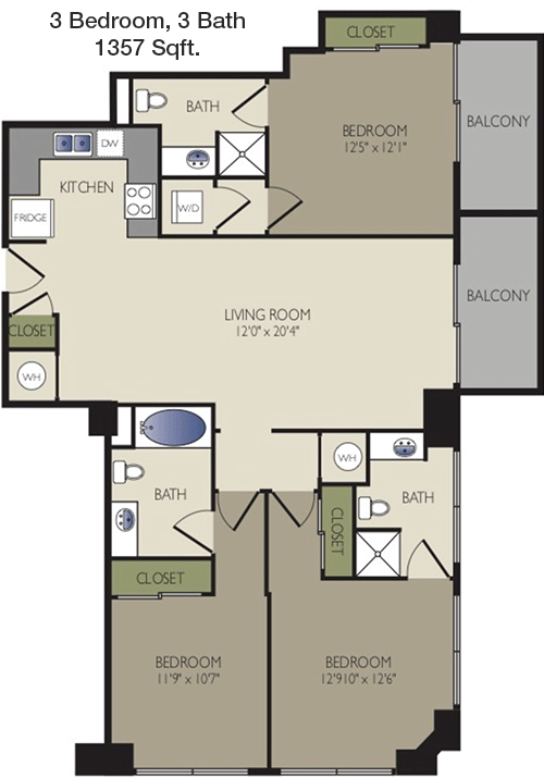 1,357 sq ft floorplan layout