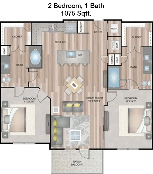 1,075 sq ft floorplan layout