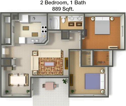 889 sq ft floorplan layout