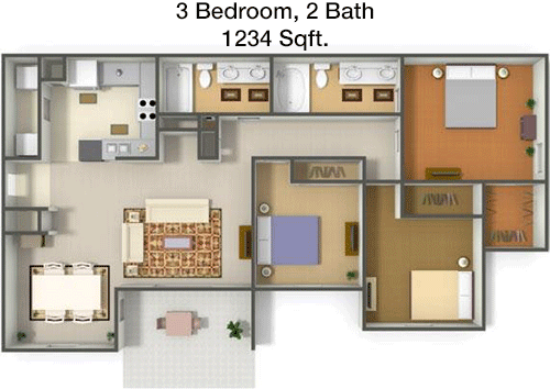 1,234 sq ft floorplan layout