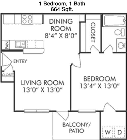 664 sq ft floorplan layout