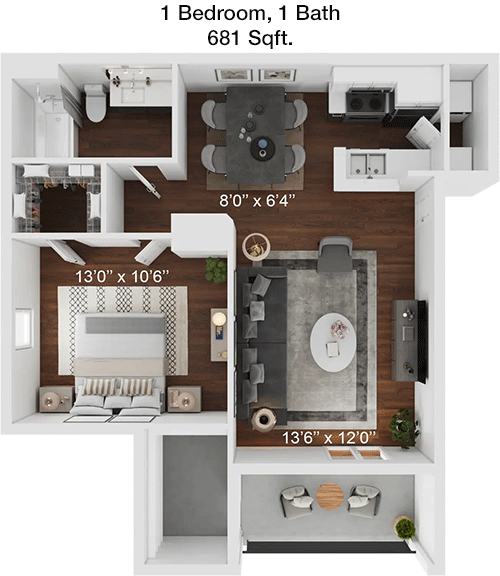 681 sq ft floorplan layout