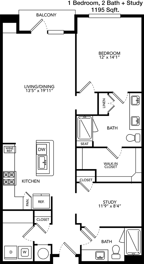 1,195 sq ft floorplan layout