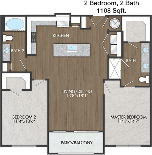 1,108 sq ft floorplan layout