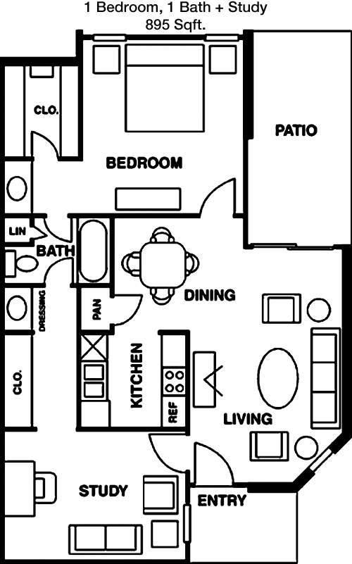 895 sq ft floorplan layout