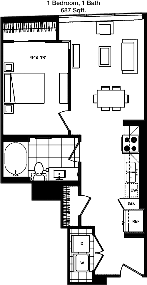 687 sq ft floorplan layout