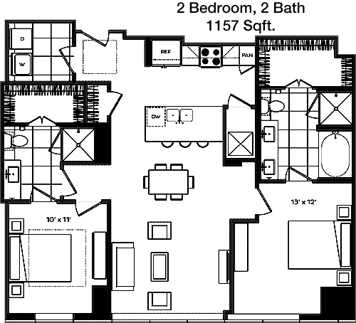 1,157 sq ft floorplan layout