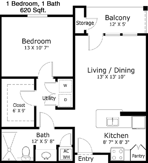 620 sq ft floorplan layout