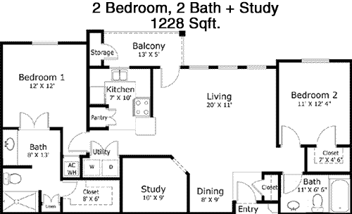 1,228 sq ft floorplan layout
