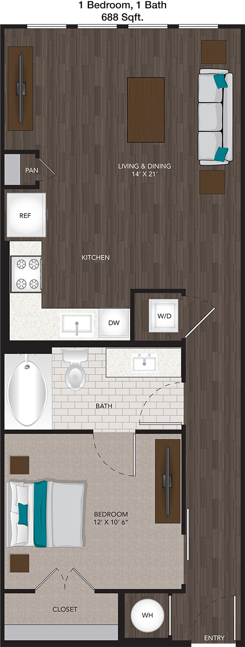 688 sq ft floorplan layout