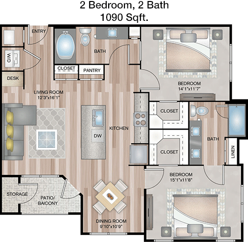 1,090 sq ft floorplan layout