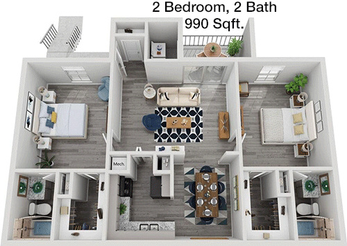 990 sq ft floorplan layout