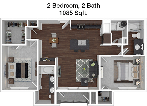 2 Bed, 2 Bath floorplan layout