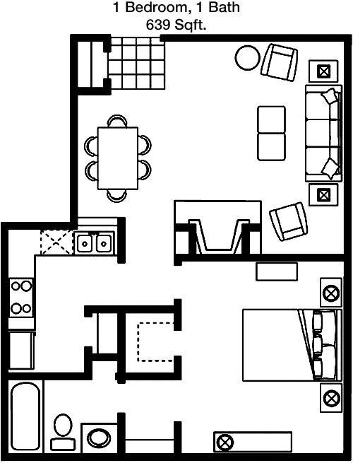 639 sq ft floorplan layout