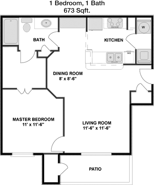 673 sq ft floorplan layout