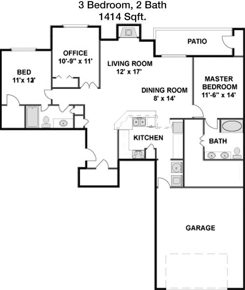 1,414 sq ft floorplan layout