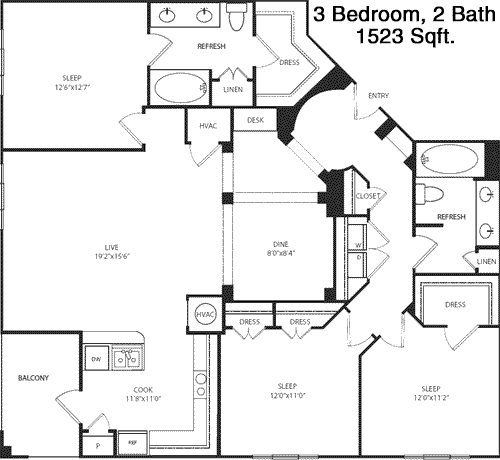 1,523 sq ft floorplan layout