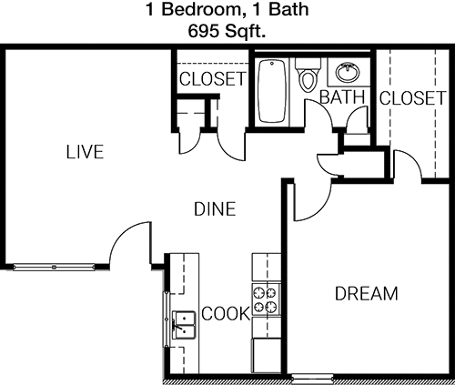 695 sq ft floorplan layout