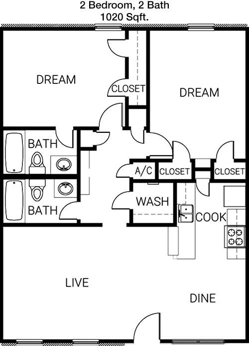 1,020 sq ft floorplan layout