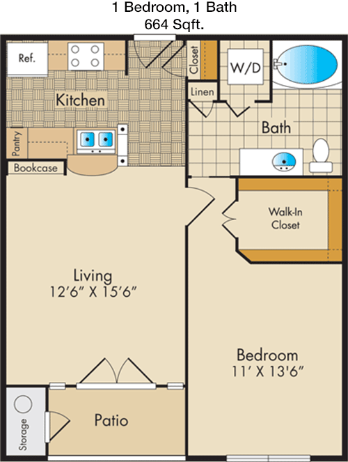 664 sq ft floorplan layout