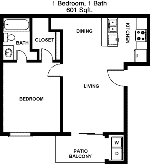 601 sq ft floorplan layout