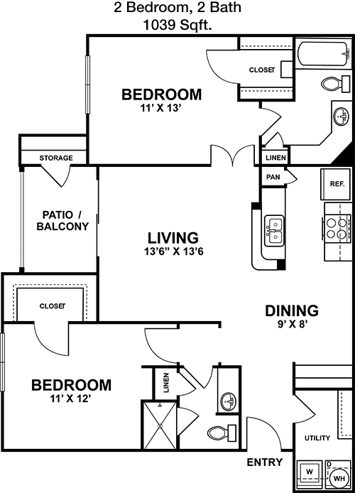 1,039 sq ft floorplan layout