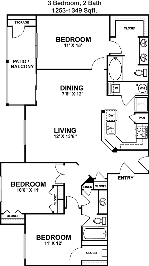 1,253 sq ft floorplan layout