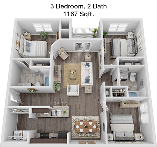 1,167 sq ft floorplan layout