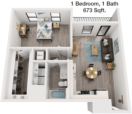 673 sq ft floorplan layout