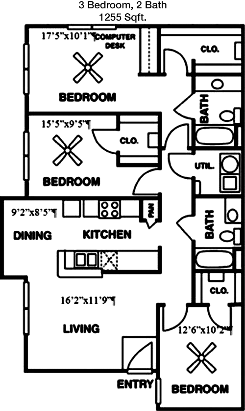 1,255 sq ft floorplan layout