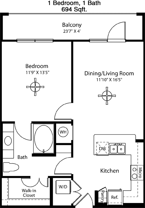 694 sq ft floorplan layout