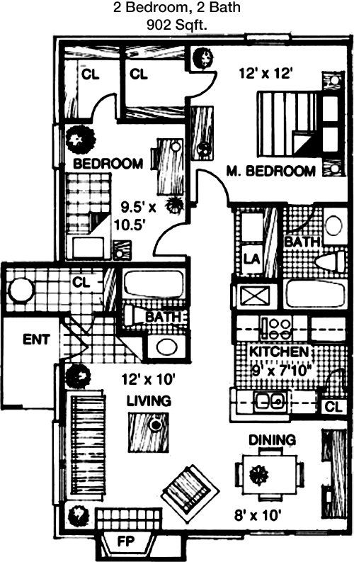 902 sq ft floorplan layout