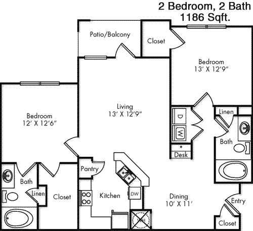 1,186 sq ft floorplan layout