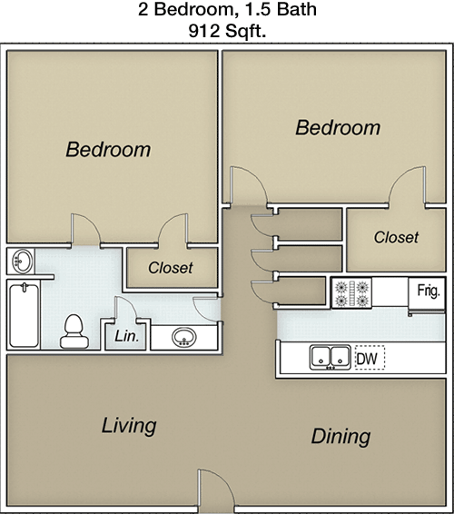 912 sq ft floorplan layout