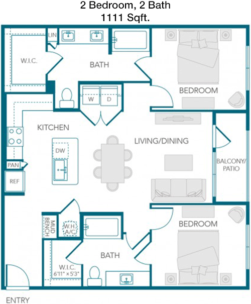 1,111 sq ft floorplan layout