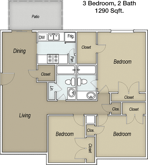 1,290 sq ft floorplan layout