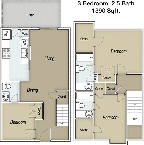 1,390 sq ft floorplan layout
