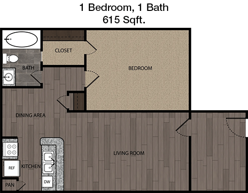 615 sq ft floorplan layout